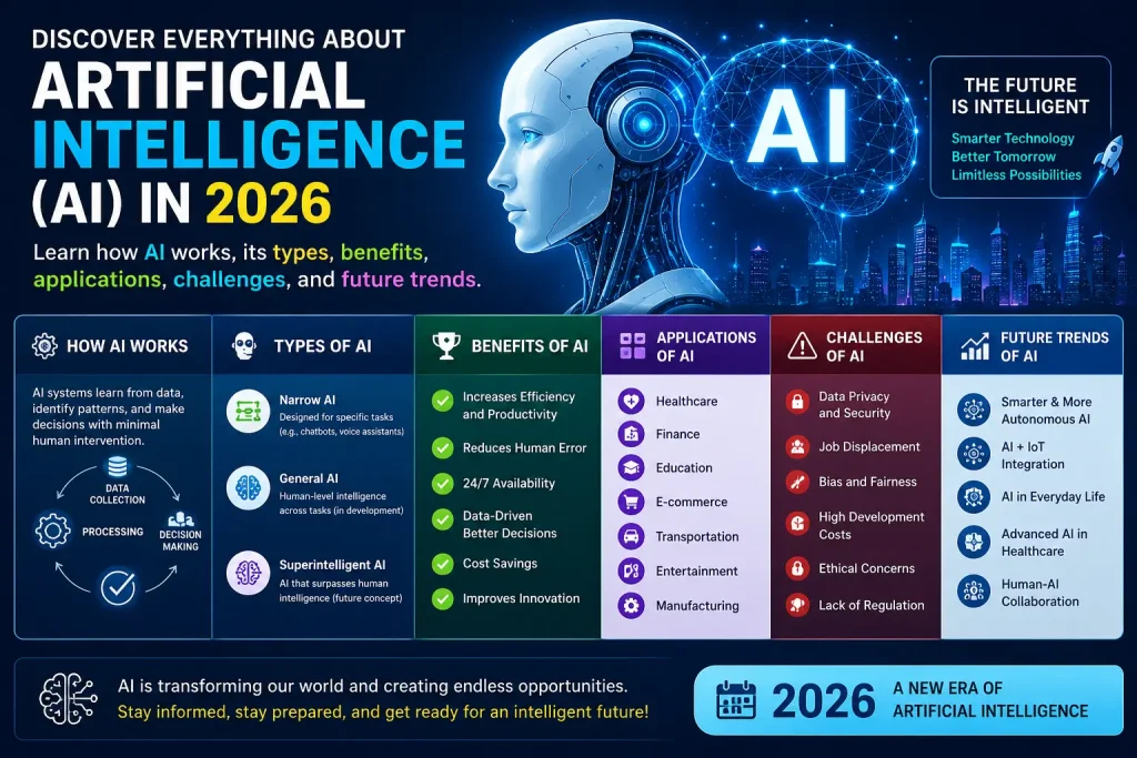 The Ultimate Guide to Artificial Intelligence (AI) in 2026 1 Artificial Intelligence (AI) in 2026 Complete Guide to AI, Benefits, Applications & Future Trends